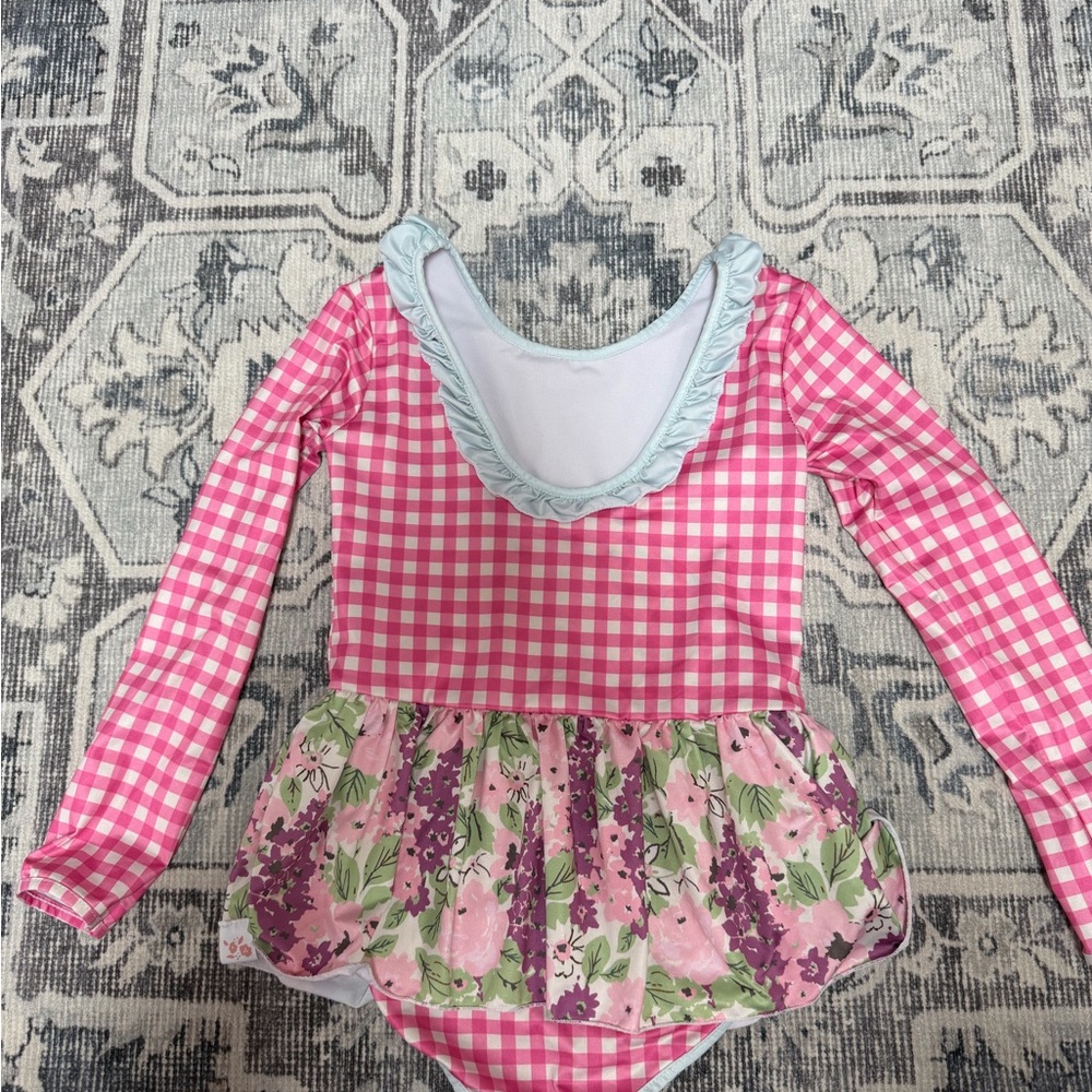 SweetHoney Pink Gingham Long-Sleeve Rash Guard with Floral Skirt - Picture 3 of 4